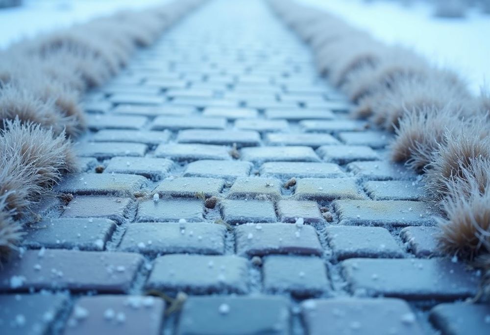 Dallage en pavés gelés avec de la neige